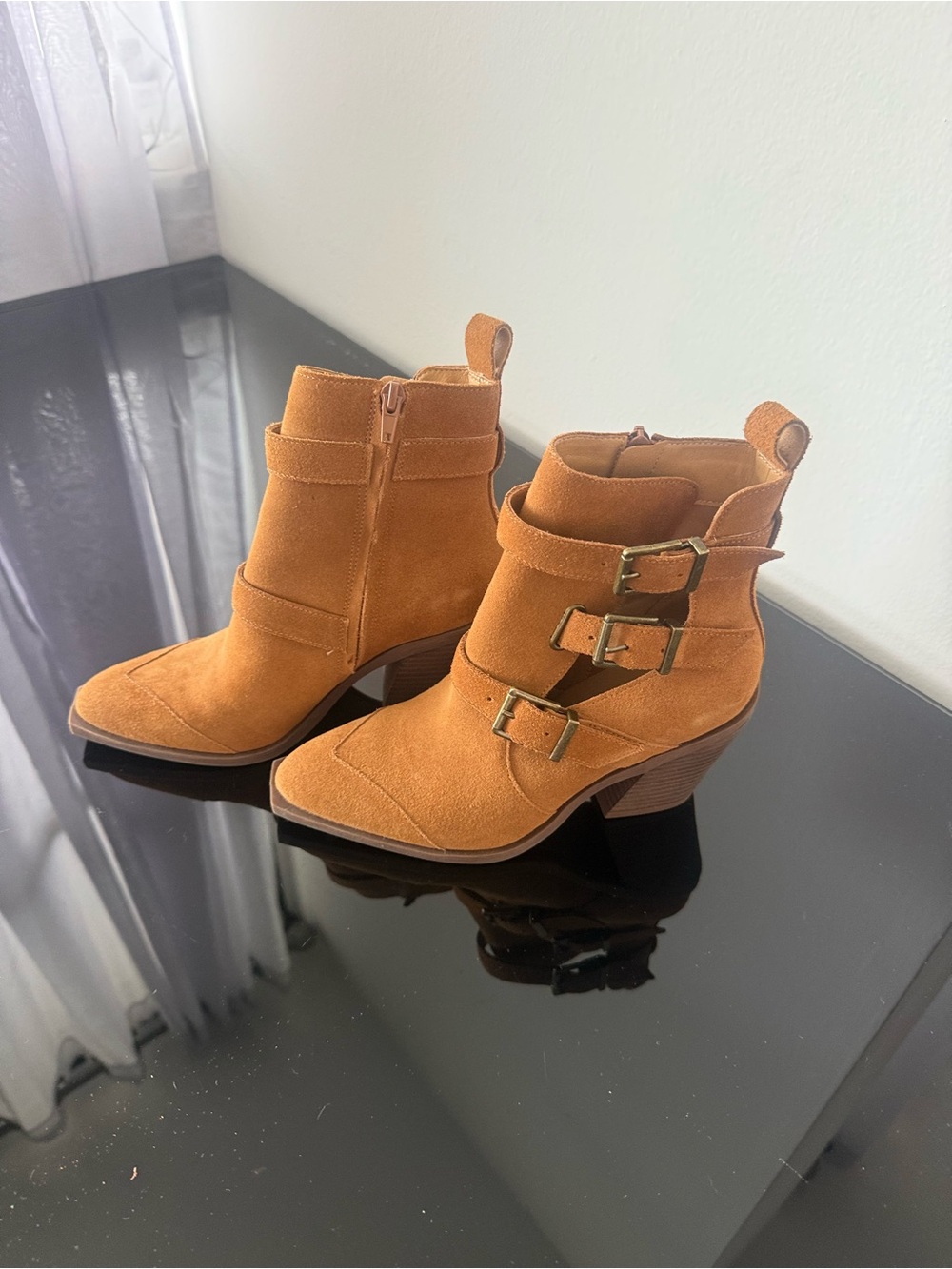 New ! Crown Vintage Camel Suede Western Ankle Boots Buckle Booties Pointed Toe